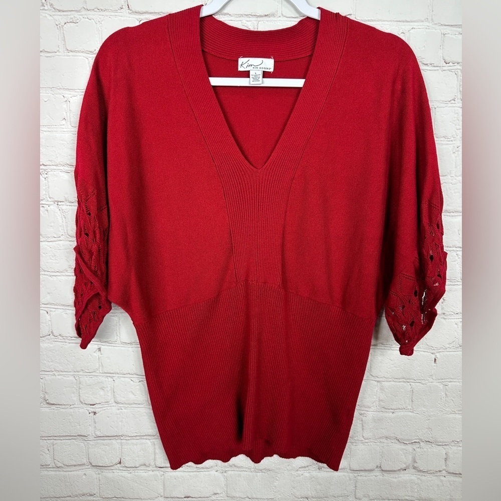 Kim Rogers short sleeve rayon‎ Sweater Womens L red crochet accents, GUC